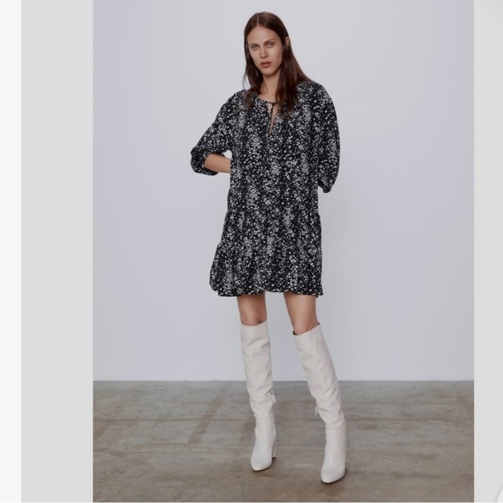 Zara Monochrome Ditsy Floral Print 3/4 Sleeve Tiered A-Line Flowy Mini-Dress